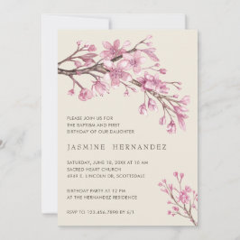 Rosa Blommigt Girl Baptism First Birthday Inbjudningar