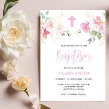 Rosa Blommigt Girl Baptism-inbjudan