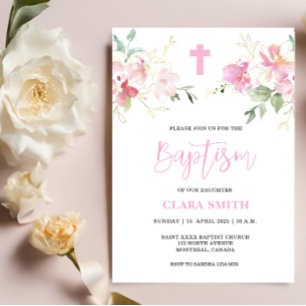 Rosa Blommigt Girl Baptism-inbjudan Inbjudningar