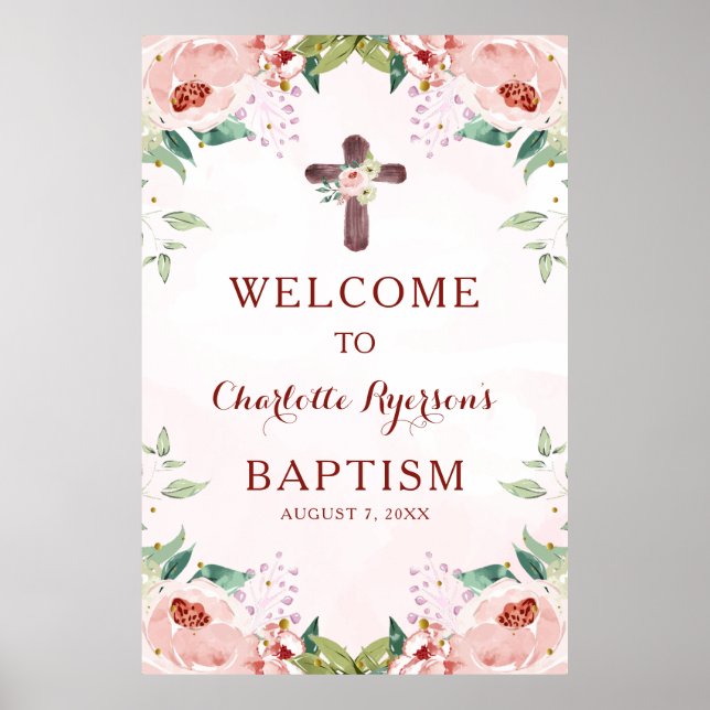 Rosa Blommigt Girl Baptism Välkommen Poster (Framsidan)