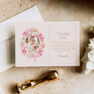 Rosa Blommigt Girl Birthday Photo Tack Kort