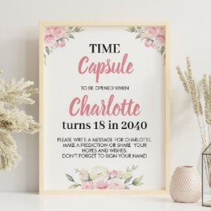 Rosa Blommigt Girl Birthday Time Capsule Sign Poster