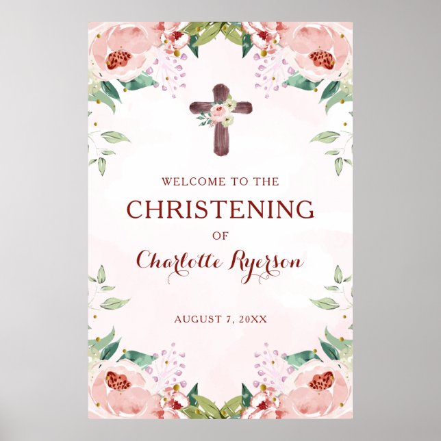 Rosa Blommigt Girl Christening Välkommen Poster (Framsidan)