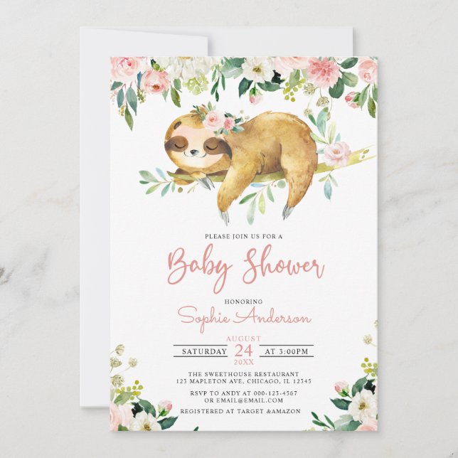 Rosa Blommigt Girl Cute Sloth Baby Shower-inbjudan Inbjudningar (Framsida)