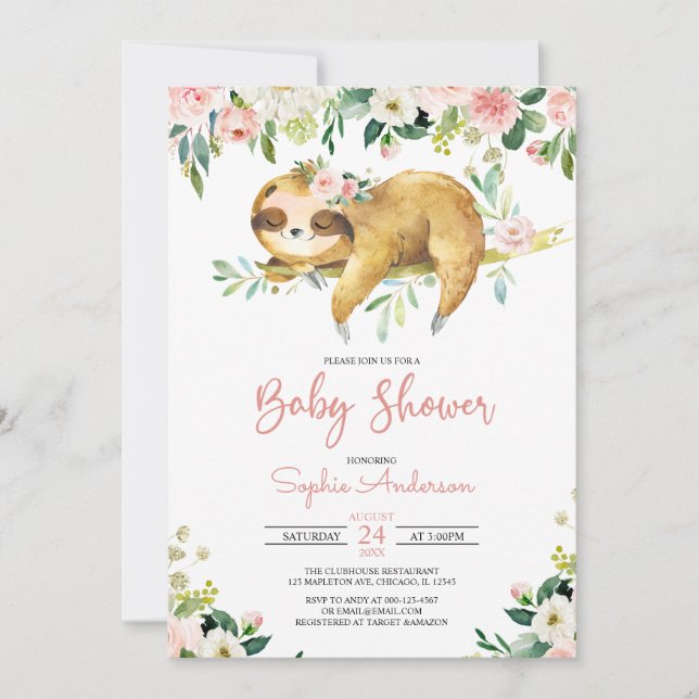 Rosa Blommigt Girl Cute Sloth Baby Shower-inbjudan Inbjudningar (Framsida)