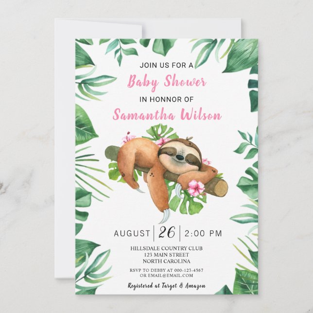 Rosa Blommigt Girl Cute Sloth Baby Shower-inbjudan Inbjudningar (Framsida)