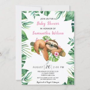 Rosa Blommigt Girl Cute Sloth Baby Shower-inbjudan Inbjudningar