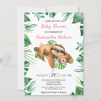 Rosa Blommigt Girl Cute Sloth Baby Shower-inbjudan Inbjudningar