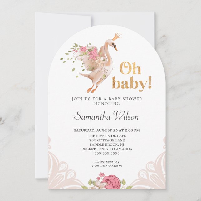 Rosa Blommigt Girl Cute Svan Princess Baby Shower  Inbjudningar (Framsida)