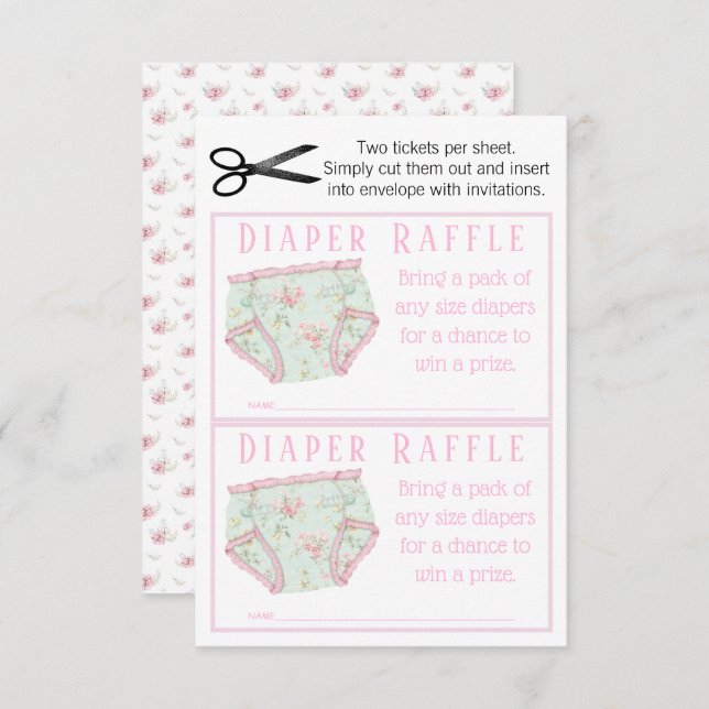 Rosa Blommigt Girl Diaper Raffle Biljett Inbjudningar (Fram/baksida)