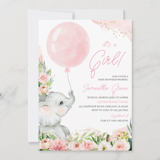 Rosa Blommigt Girl Elephant Baby Shower Inbjudningar (Framsida)