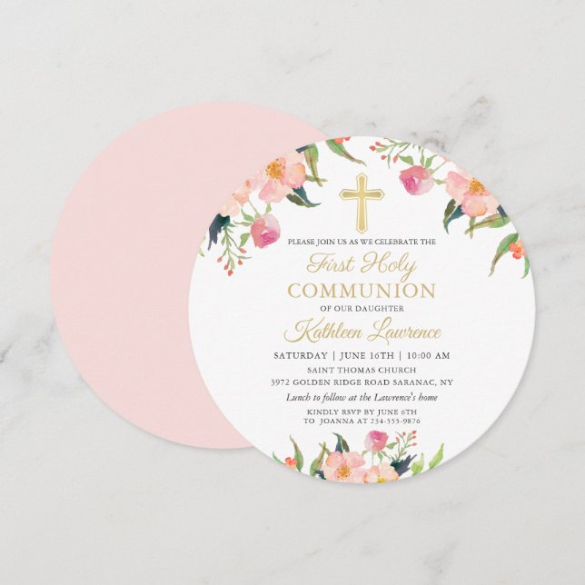 Rosa Blommigt Girl First Heliga Communion Circle Inbjudningar (Fram/baksida)