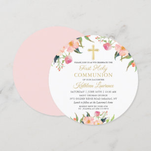 Rosa Blommigt Girl First Heliga Communion Circle Inbjudningar
