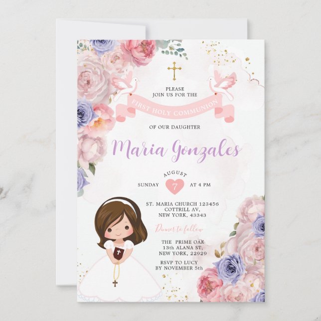 Rosa Blommigt Girl First Heliga Communion Guld Kor Inbjudningar (Framsida)