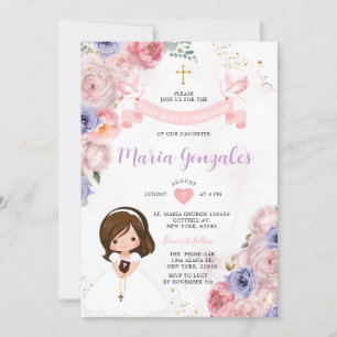 Rosa Blommigt Girl First Heliga Communion Guld Kor Inbjudningar