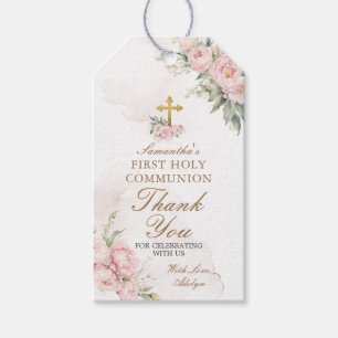 Rosa Blommigt Girl First Heliga Communion Guld Kor Presentetikett