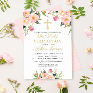 Rosa Blommigt Girl First Heliga Communion-inbjudan Inbjudningar