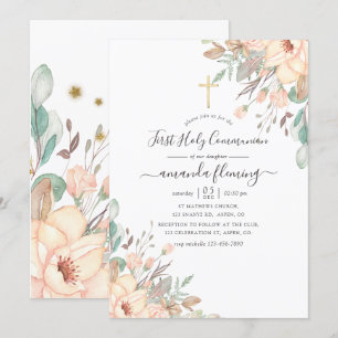 Rosa Blommigt Girl First Heliga Communion Inbjudningar