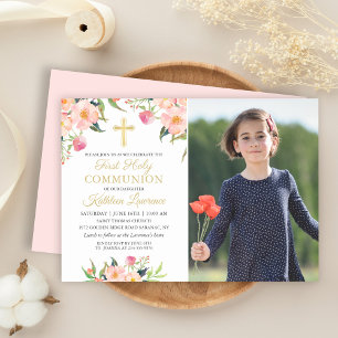 Rosa Blommigt Girl First Heliga Communion Photo In Inbjudningar