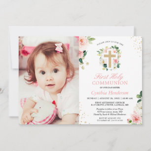 Rosa Blommigt Girl First Heliga Communion Photo Inbjudningar