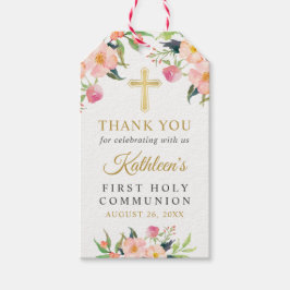 Rosa Blommigt Girl First Heliga Communion Tack Presentetikett