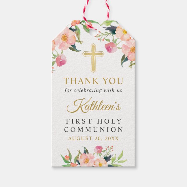 Rosa Blommigt Girl First Heliga Communion Tack Presentetikett (Framsidan)