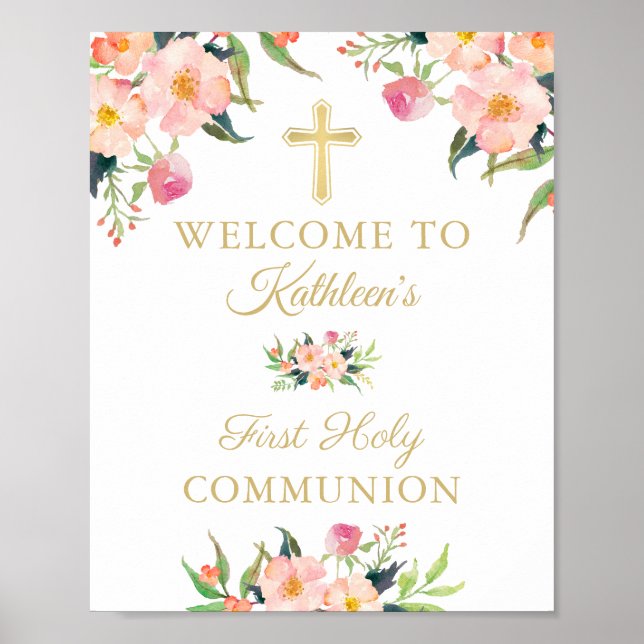 Rosa Blommigt Girl First Heliga Communion Välkomst Poster (Framsidan)