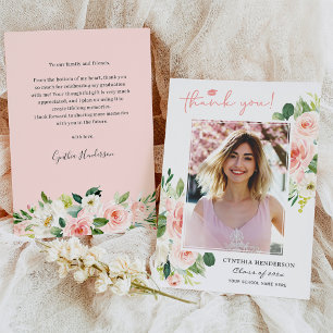 Rosa Blommigt Girl Grad Studenten Photo Tack Kort