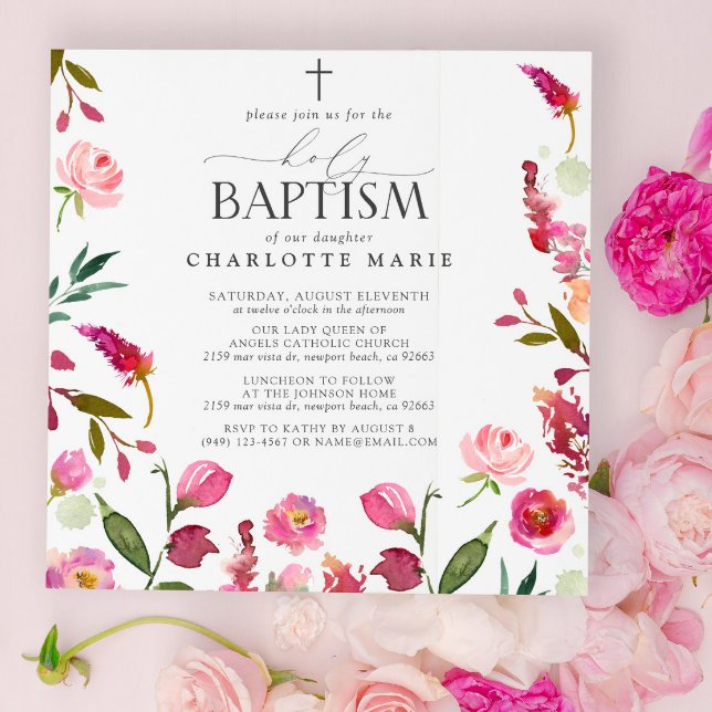 Rosa Blommigt Girl Heliga Baptism Watercolor Flowe Inbjudningar (Holy Baptism Invitations!)