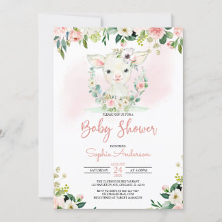Rosa Blommigt Girl Lamb Baby Shower Inbjudningar