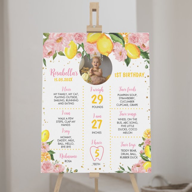 Rosa Blommigt Girl Lemon 1st Birthday Milestone Poster (Skapare uppladdad)