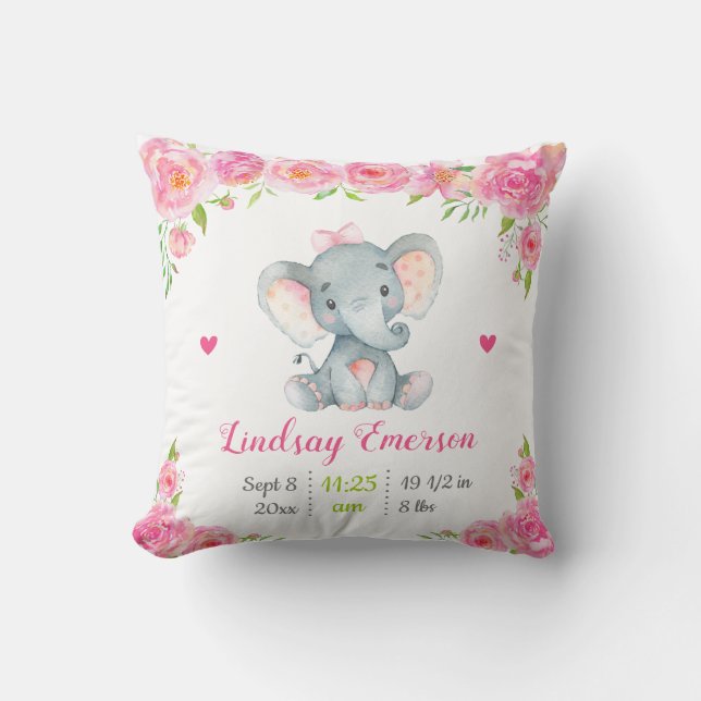 Rosa Blommigt Girl Nursery Baby Shower Gift Elepha Kudde (Framsida)