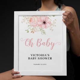 Rosa Blommigt Girl Oh Baby Shower Välkommen Poster