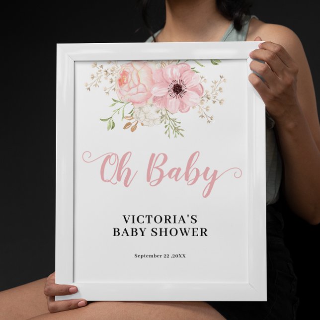 Rosa Blommigt Girl Oh Baby Shower Välkommen Poster (Skapare uppladdad)