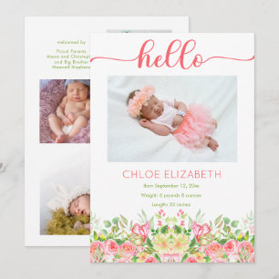Rosa Blommigt Girl Photo Collage Birth Notice Meddelande