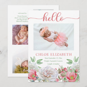 Rosa Blommigt Girl Photo Collage Birth Notice Meddelande