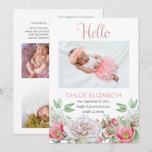 Rosa Blommigt Girl Photo Collage Birth Notice Meddelande