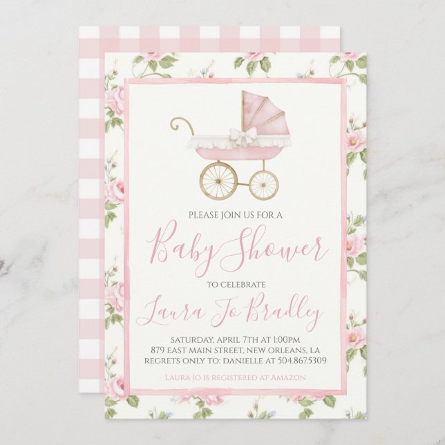 Rosa Blommigt Girl Preppy Southern Baby Shower Inbjudningar (Fram/baksida)