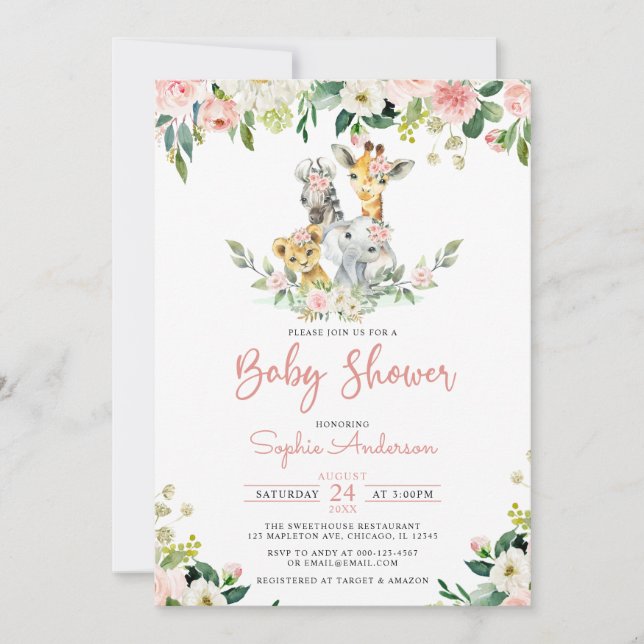 Rosa Blommigt Girl Safari Jungle Animals Baby Show Inbjudningar (Framsida)