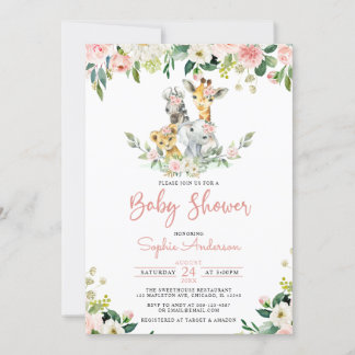 Rosa Blommigt Girl Safari Jungle Animals Baby Show Inbjudningar