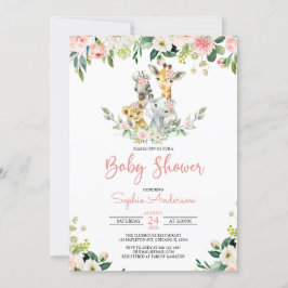 Rosa Blommigt Girl Safari Jungle Animals Baby Show Inbjudningar