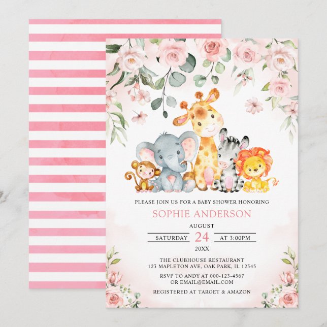 Rosa Blommigt Girl Safari Jungle Animals Baby Show Inbjudningar (Fram/baksida)