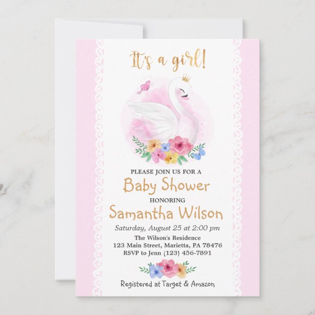 Rosa Blommigt Girl Svan Princess Baby Shower Inbjudningar (Framsida)