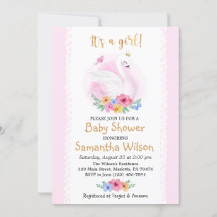 Rosa Blommigt Girl Svan Princess Baby Shower Inbjudningar