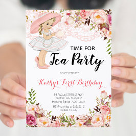 Rosa Blommigt Girl Tea Födelsedagsfest inbjudan