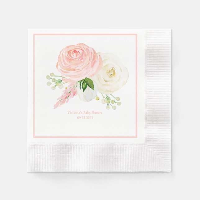 Rosa Blommigt Girl Watercolor Namn Date Baby Showe Pappersservett (Framsidan)