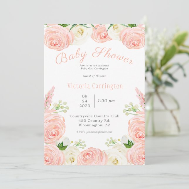 Rosa Blommigt Girl Watercolor Script Baby Shower Inbjudningar (Stående Fram)