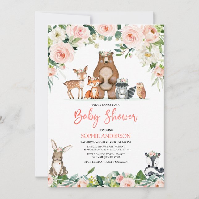 Rosa Blommigt Girl Woodland Animals Baby Shower Inbjudningar (Framsida)