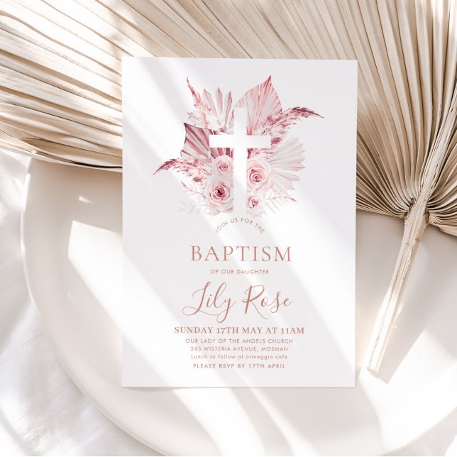 Rosa Blommigt Girl's Baptism Christening Inbjudningar (Pink Girls Baptism Invitation
)