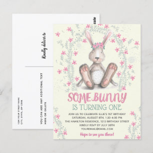 Rosa Blommigt Girls Bunny Födelsedagsfest inbjudan